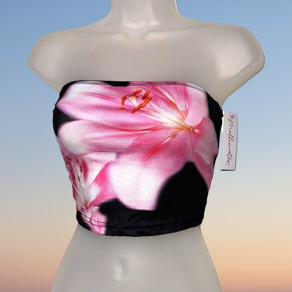 NWT Small Black Floral Print Strapless Tube Top Stretchy Sleeveless Crop Y2k 90s - Picture 1 of 3